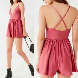 Urban Outfitters Gianni Plunging Satin Strappy Romper Pink Rose Stretch Large